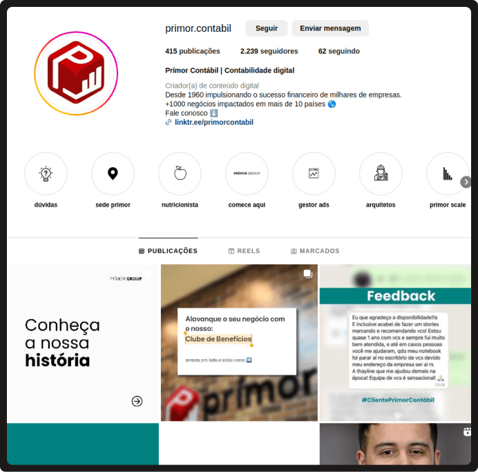 Print do perfil do instagram da prímor contábil